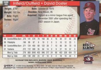 2002 Choice Scranton/Wilkes-Barre Red Barons #03 David Doster Back