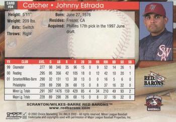 2002 Choice Scranton/Wilkes-Barre Red Barons #04 Johnny Estrada Back