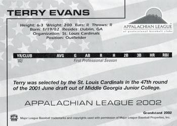 2002 Grandstand Appalachian League Top Prospects #NNO Terry Evans Back