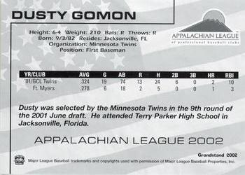 2002 Grandstand Appalachian League Top Prospects #NNO Dusty Gomon Back