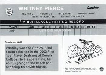 2002 Grandstand Bluefield Orioles #NNO Whitney Pierce Back