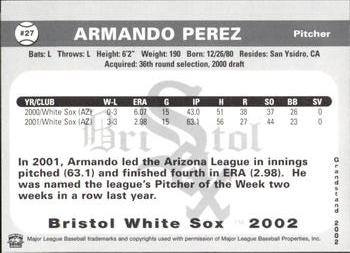 2002 Grandstand Bristol White Sox #27 Armando Perez Back