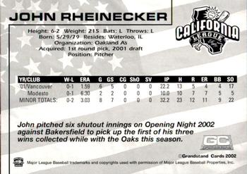 2002 Grandstand California League Top Prospects #NNO John Rheinecker Back