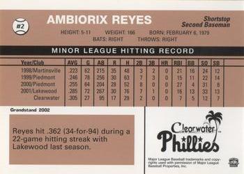 2002 Grandstand Clearwater Phillies #2 Ambiorix Reyes Back