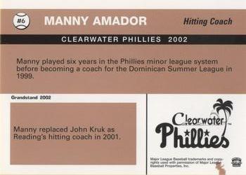 2002 Grandstand Clearwater Phillies #6 Manny Amador Back