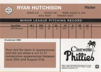 2002 Grandstand Clearwater Phillies #25 Ryan Hutchison Back
