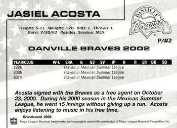 2002 Grandstand Danville Braves #NNO Jasiel Acosta Back