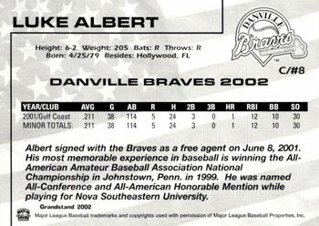 2002 Grandstand Danville Braves #NNO Luke Albert Back