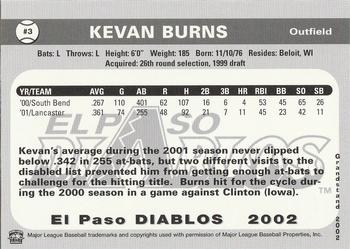 2002 Grandstand El Paso Diablos #NNO Kevan Burns Back