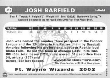 2002 Grandstand Fort Wayne Wizards #3 Josh Barfield Back