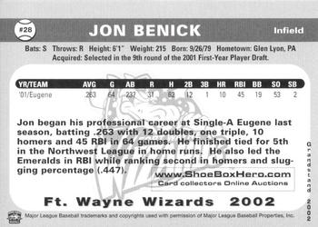 2002 Grandstand Fort Wayne Wizards #4 Jon Benick Back
