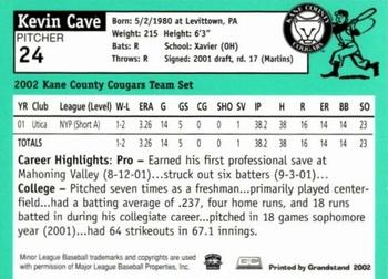 2002 Grandstand Kane County Cougars #9 Kevin Cave Back