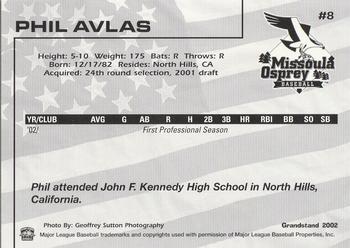 2002 Grandstand Missoula Osprey #8 Phil Avlas Back
