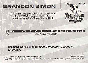 2002 Grandstand Missoula Osprey #10 Brandon Simon Back