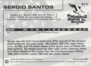 2002 Grandstand Missoula Osprey #19 Sergio Santos Back