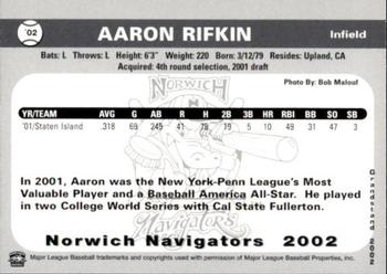 2002 Grandstand Norwich Navigators #22 Aaron Rifkin Back
