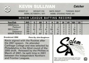 2002 Grandstand Salem Avalanche #NNO Kevin Sullivan Back