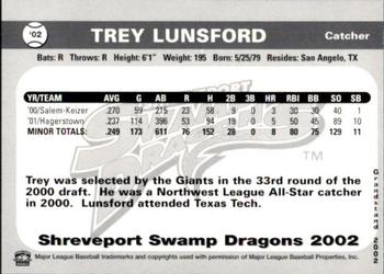 2002 Grandstand Shreveport Swamp Dragons #NNO Trey Lunsford Back