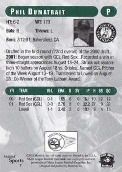 2002 MultiAd Augusta GreenJackets #7 Phil Dumatrait Back