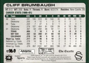 2002 MultiAd Colorado Springs Sky Sox #8 Cliff Brumbaugh Back