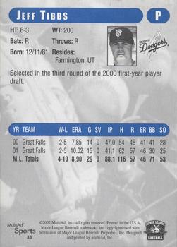 2002 MultiAd Great Falls Dodgers #33 Jeff Tibbs Back