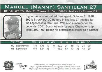 2002 MultiAd Lexington Legends #21 Manny Santillan Back