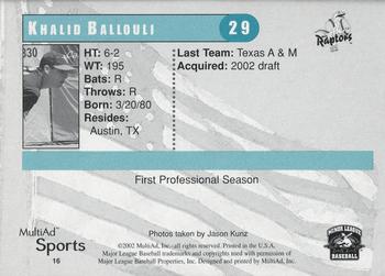 2002 MultiAd Ogden Raptors #16 Khalid Ballouli Back