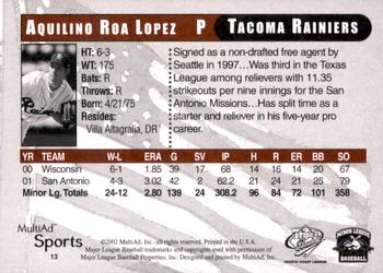 2002 MultiAd Pacific Coast League All-Stars #13 Aquilino Lopez Back