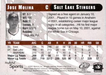 2002 MultiAd Pacific Coast League All-Stars #17 Jose Molina Back