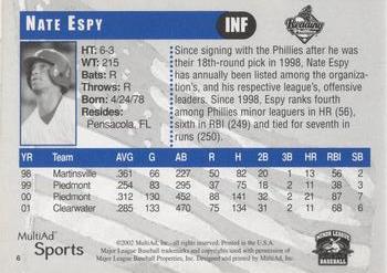 2002 MultiAd Reading Phillies #6 Nate Espy Back
