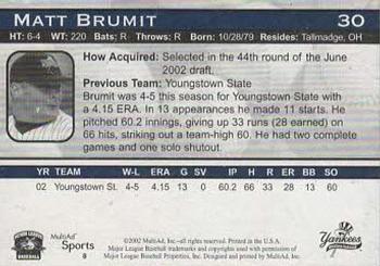 2002 MultiAd Staten Island Yankees #8 Matt Brumit Back