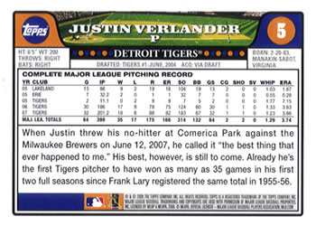 2008 Topps Gift Sets Detroit Tigers #5 Justin Verlander Back