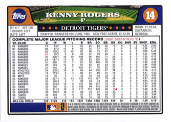 2008 Topps Gift Sets Detroit Tigers #14 Kenny Rogers Back
