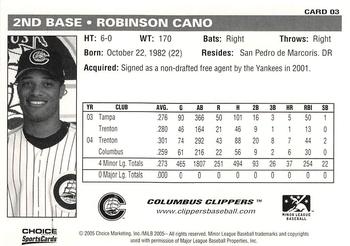 2005 Choice Columbus Clippers #03 Robinson Cano Back