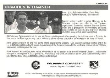 2005 Choice Columbus Clippers #24 Coaches & Trainer Back