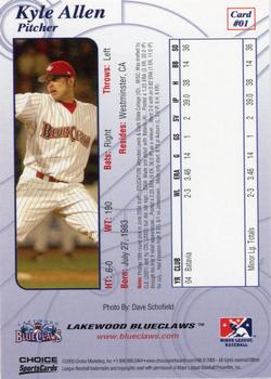 2005 Choice Lakewood BlueClaws #1 Kyle Allen Back