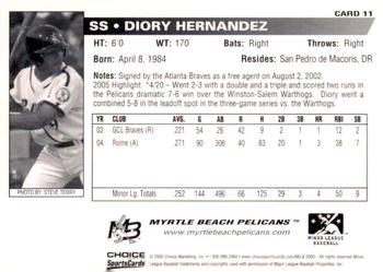 2005 Choice Myrtle Beach Pelicans #11 Diory Hernandez Back