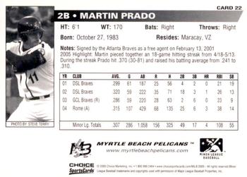 2005 Choice Myrtle Beach Pelicans #22 Martin Prado Back