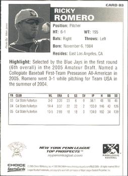 2005 Choice New York-Penn League Top Prospects #03 Ricky Romero Back