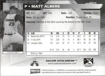 2005 Choice Salem Avalanche #02 Matt Albers Back