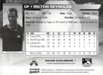 2005 Choice Salem Avalanche #17 Wilton Reynolds Back