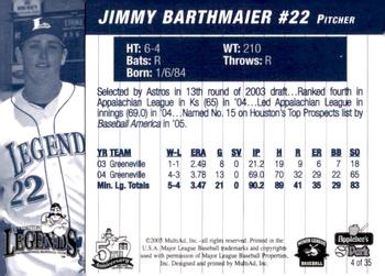2005 MultiAd Lexington Legends #4 Jimmy Barthmaier Back