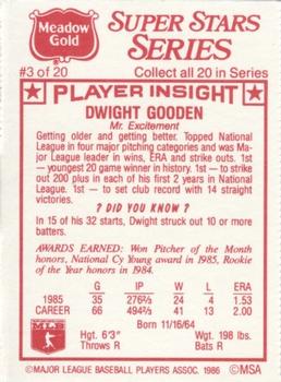 1986 Meadow Gold Stat Back #3 Dwight Gooden Back