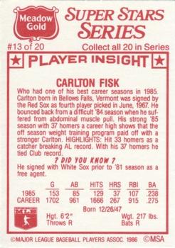 1986 Meadow Gold Stat Back #13 Carlton Fisk Back