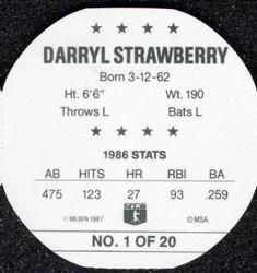 1987 Super Stars Discs #1 Darryl Strawberry Back