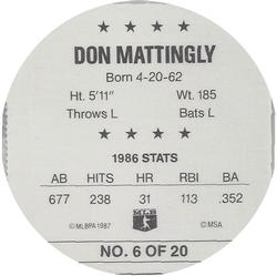 1987 Key Food Discs #6 Don Mattingly Back
