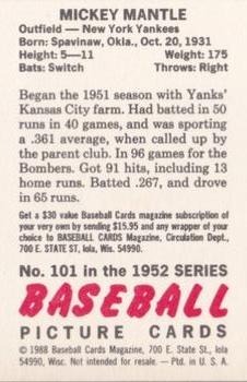 1988 Baseball Cards Magazine Repli-cards #101 Mickey Mantle Back