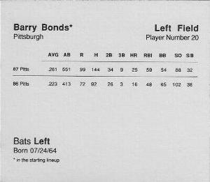 1988 Parker Bros. Starting Lineup Talking Baseball Pittsburgh Pirates #20 Barry Bonds Back