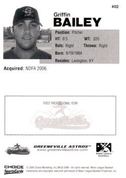2006 Choice Greeneville Astros #02 Griffin Bailey Back