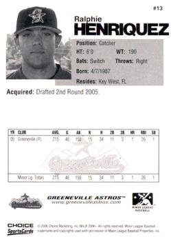 2006 Choice Greeneville Astros #13 Ralphie Henriquez Back